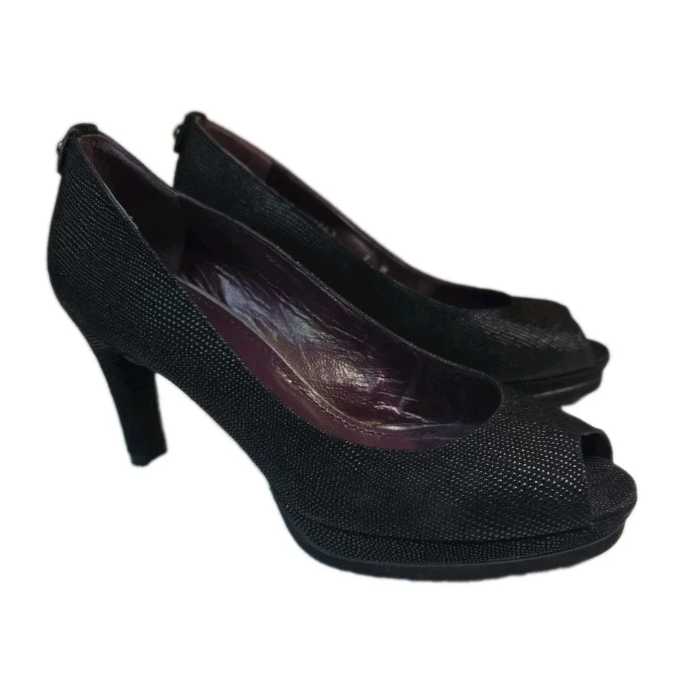 Stuart Weitzman Black Textured Peep Toe Platform Pumps Heels 7M OW31563